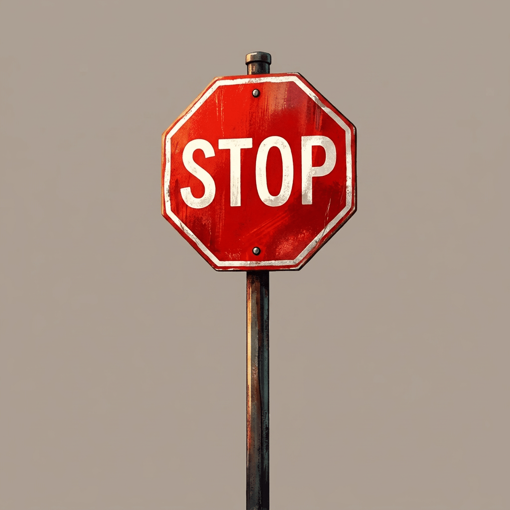 Red octagonal stop sign at a suburban road intersection with cars and trees