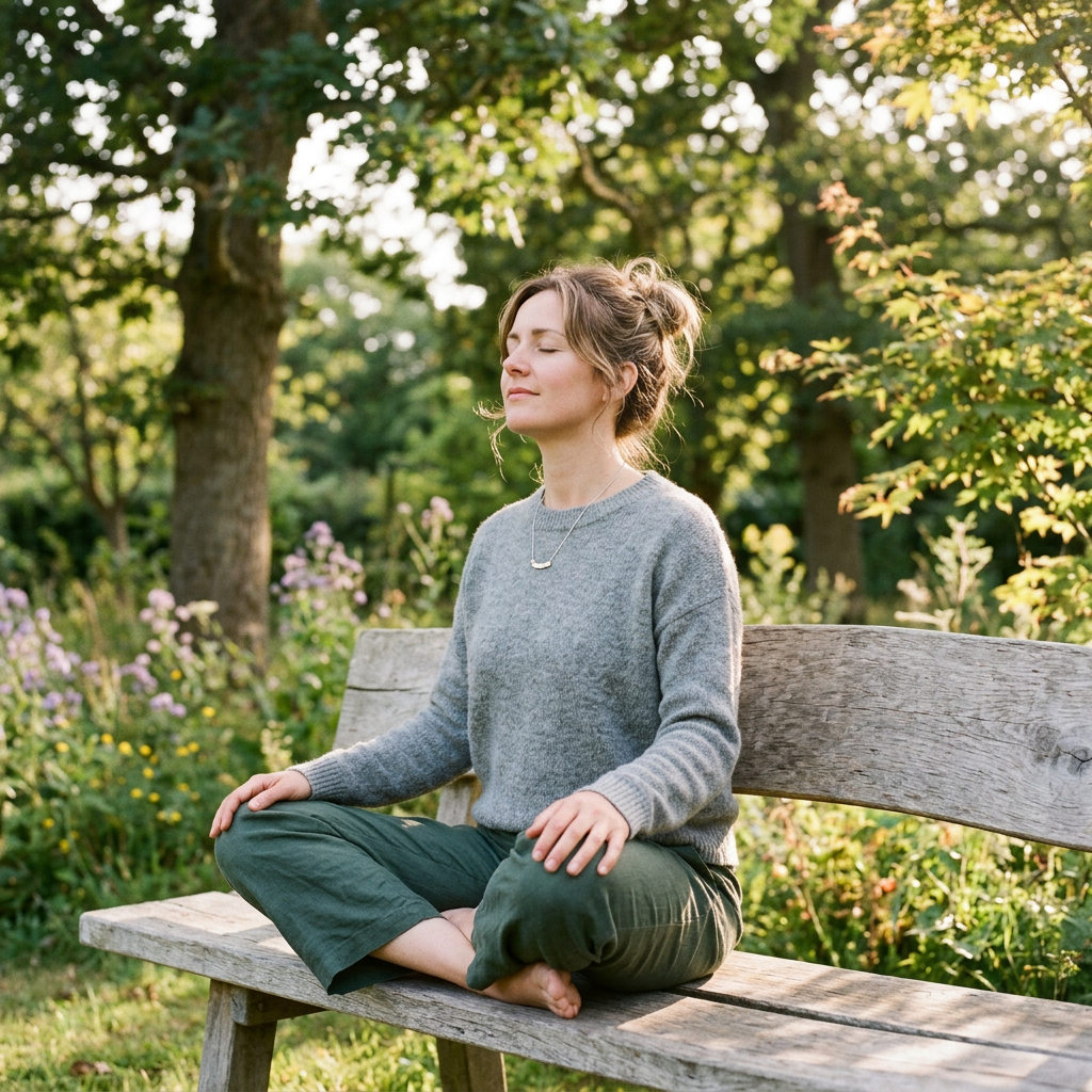 Woman sitting cross-legged on a wooden bench meditating outdoors with eyes closed