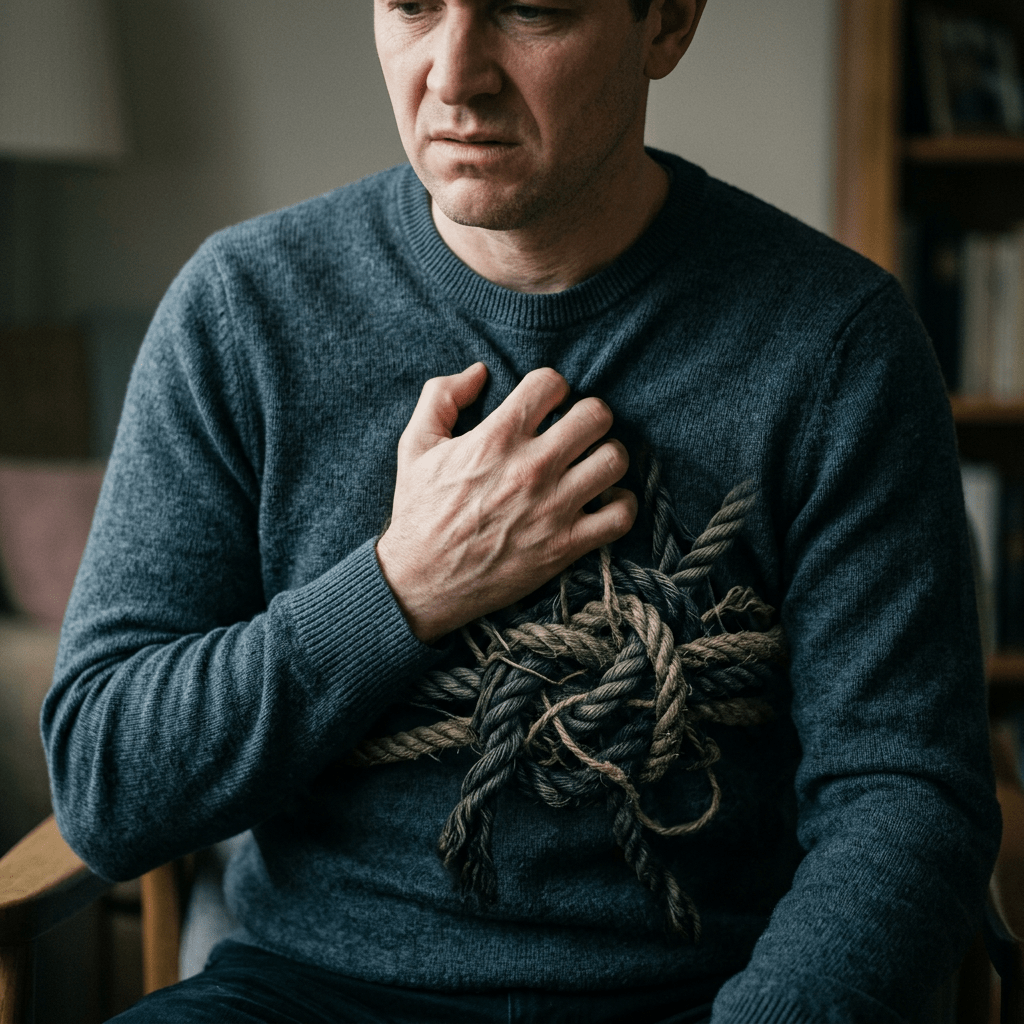Man clutching chest over tangled ropes wrapped around torso