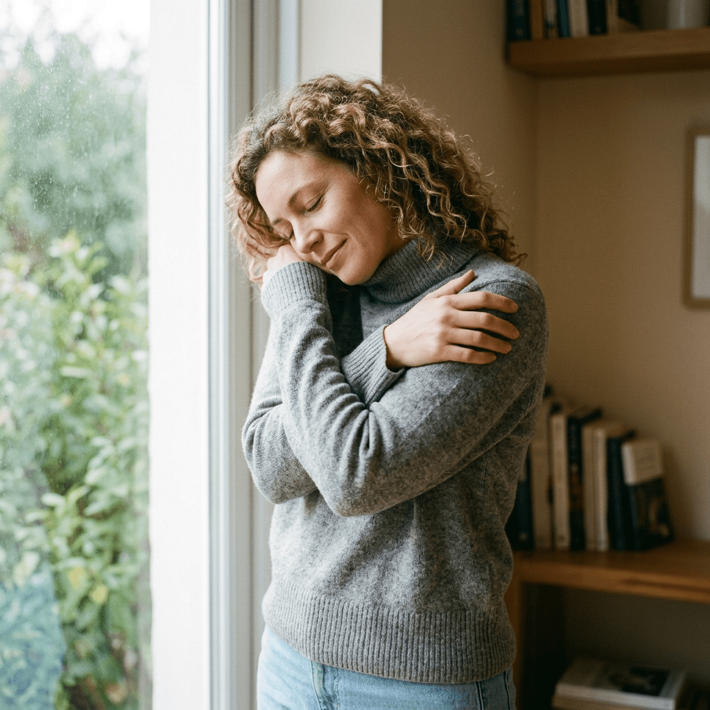 Woman in gray sweater hugging herself with eyes closed near window