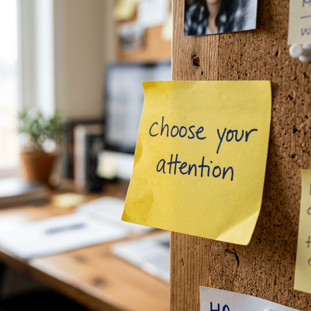 Yellow sticky note on corkboard with text 'choose your attention'