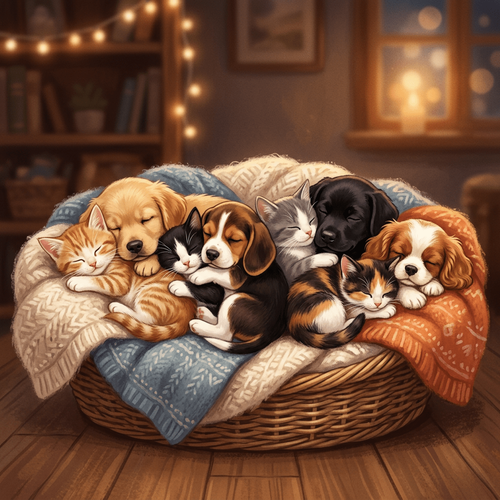 Seven puppies and kittens sleeping closely together in a basket with blankets