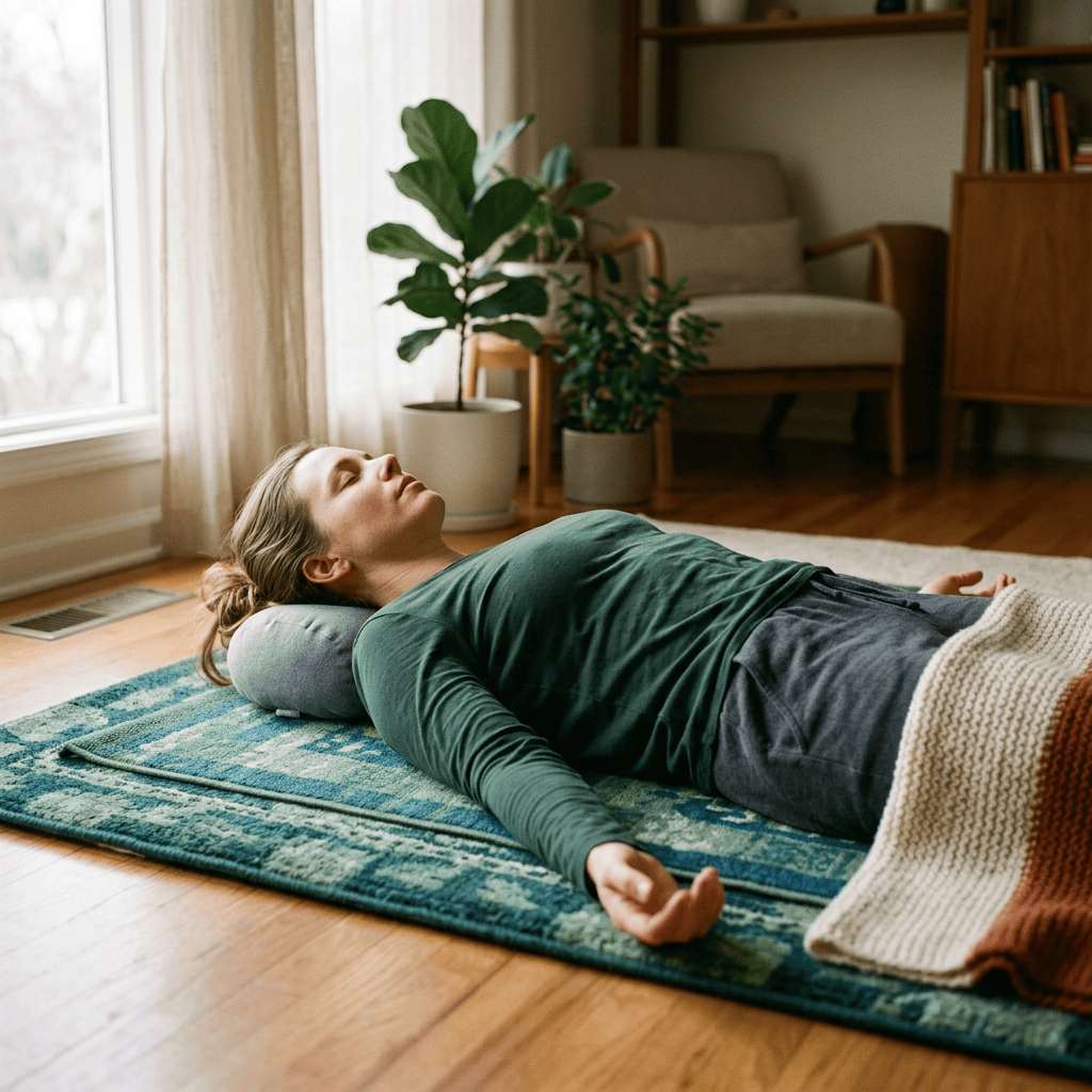 Woman lying on back with eyes closed on a mat, practicing relaxation