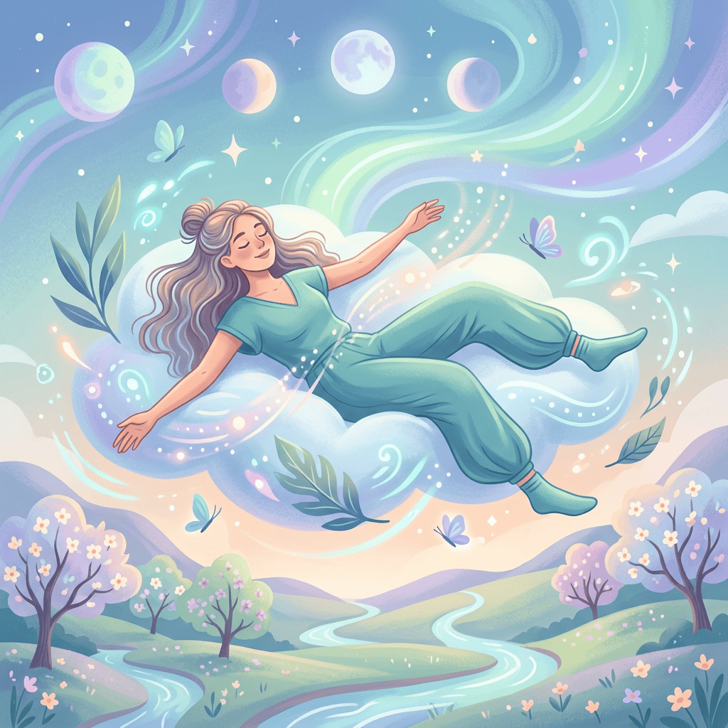 Woman floating on a cloud with butterflies, plants, and moon phases above a peaceful landscape