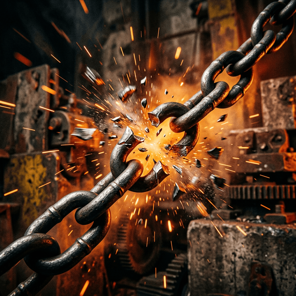 Heavy iron chain breaking with sparks in an industrial workshop
